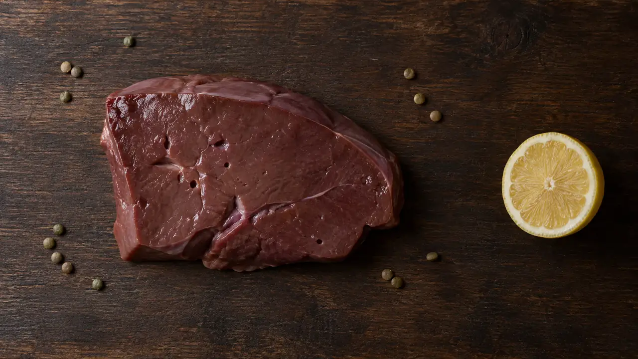 Tranche de foie de veau cru posée sur une planche en bois foncé, entourée de lentilles vertes et d'un demi-citron, vue de dessus