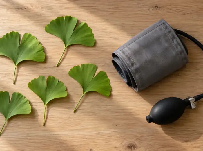 Cinq feuilles de ginkgo biloba en éventail posées à plat sur une table en bois clair, à côté d'un brassard de tensiomètre enroulé