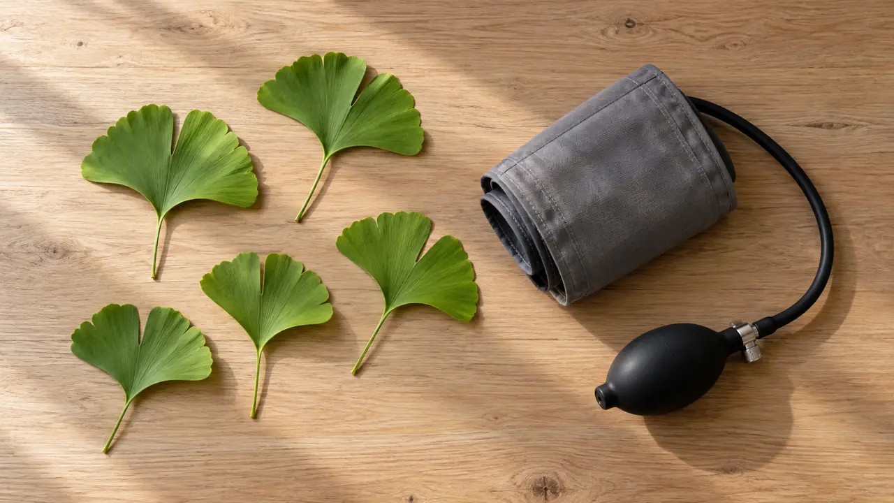 Cinq feuilles de ginkgo biloba en éventail posées à plat sur une table en bois clair, à côté d'un brassard de tensiomètre enroulé