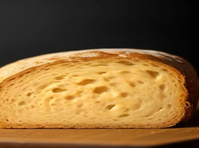 Miche de pain de campagne coupée en deux, mie alvéolée visible, posée sur une planche en bois sur fond sombre