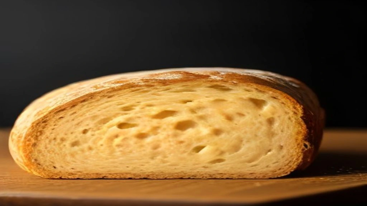 Miche de pain de campagne coupée en deux, mie alvéolée visible, posée sur une planche en bois sur fond sombre
