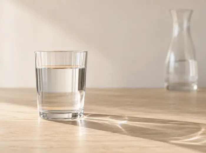 Verre d'eau posé seul sur une table en bois clair, traversé par la lumière et projetant une ombre nette, carafe floue en arrière-plan