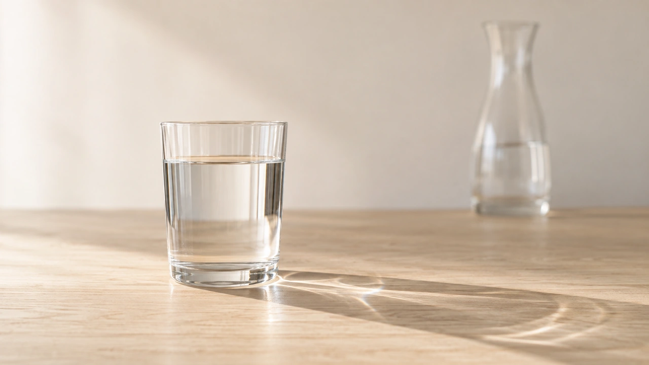Verre d'eau posé seul sur une table en bois clair, traversé par la lumière et projetant une ombre nette, carafe floue en arrière-plan