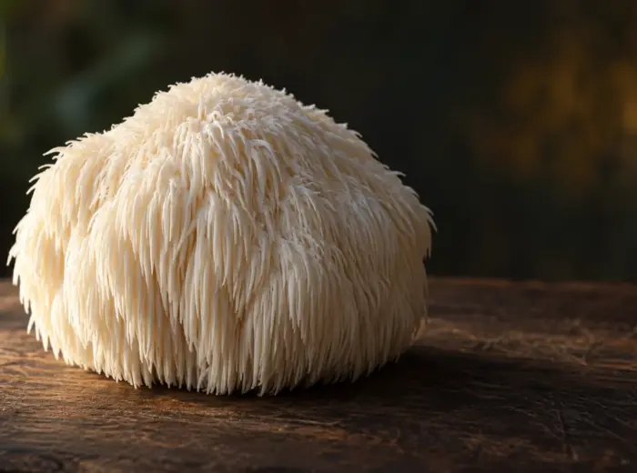 Un champignon Hericium erinaceus entier, masse blanche couverte de longues épines pendantes, posé sur une planche en bois foncé