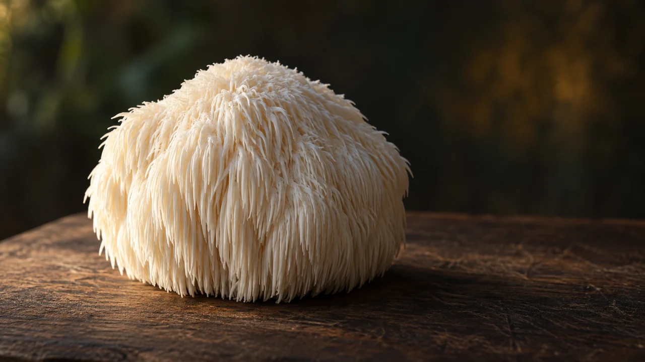 Un champignon Hericium erinaceus entier, masse blanche couverte de longues épines pendantes, posé sur une planche en bois foncé