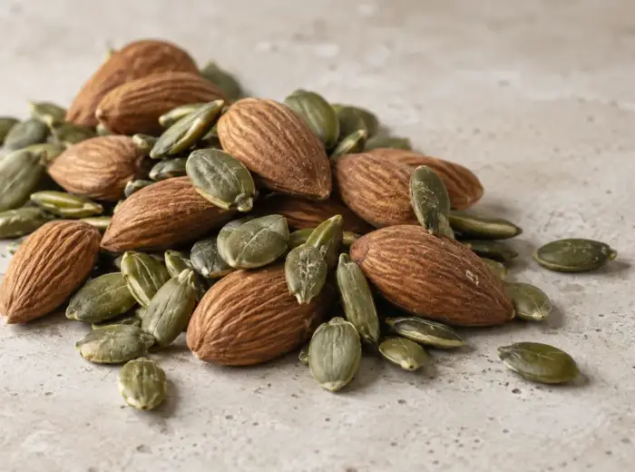 Petit tas de graines de courge vertes et d'amandes entières posé sur un plan de travail en pierre claire, en gros plan