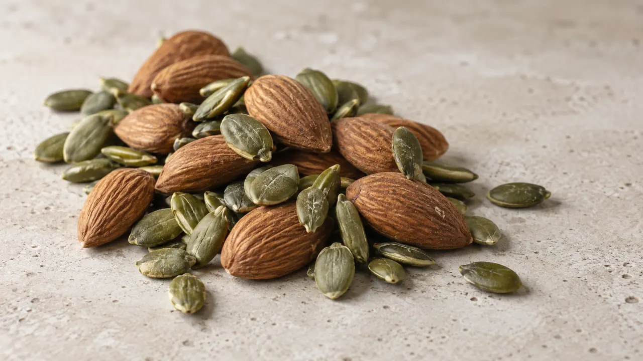 Petit tas de graines de courge vertes et d'amandes entières posé sur un plan de travail en pierre claire, en gros plan