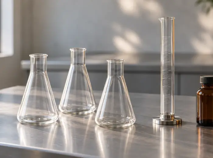 Trois fioles Erlenmeyer en verre, une éprouvette graduée et un flacon ambré posés sur une paillasse de laboratoire en inox