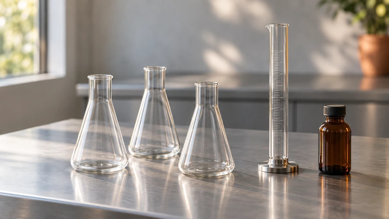 Trois fioles Erlenmeyer en verre, une éprouvette graduée et un flacon ambré posés sur une paillasse de laboratoire en inox