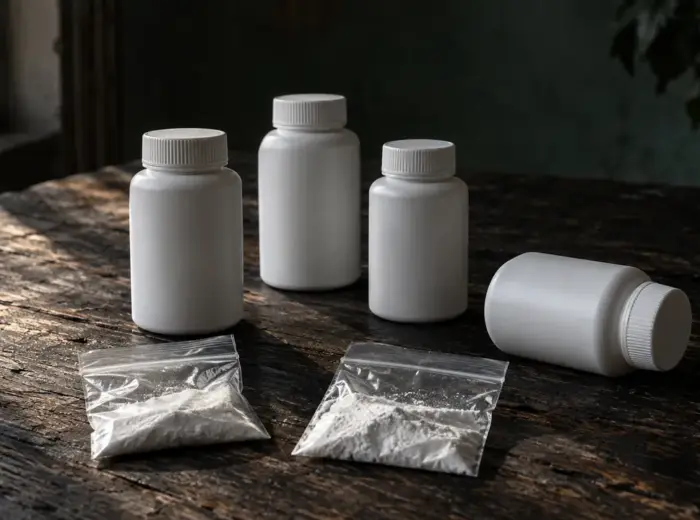 Quatre flacons de plastique blanc sans étiquette et deux sachets de poudre posés en désordre sur une table en bois très foncé
