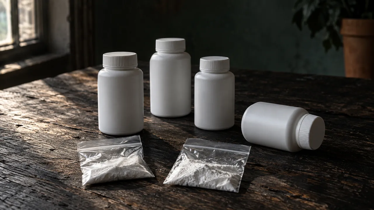 Quatre flacons de plastique blanc sans étiquette et deux sachets de poudre posés en désordre sur une table en bois très foncé