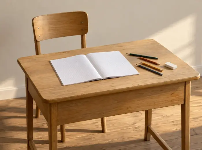 Un bureau d'écolier en bois clair avec un cahier ouvert, des crayons de couleur et une chaise vide