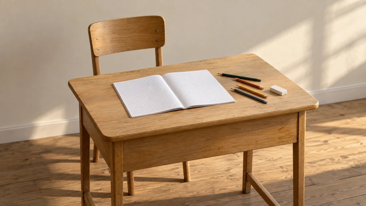 Un bureau d'écolier en bois clair avec un cahier ouvert, des crayons de couleur et une chaise vide