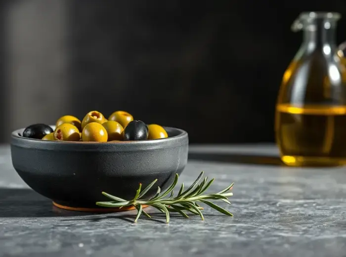 Bol en grès sombre rempli d'olives vertes et noires, brin de romarin devant, carafe d'huile d'olive en arrière-plan sur un plan de pierre grise