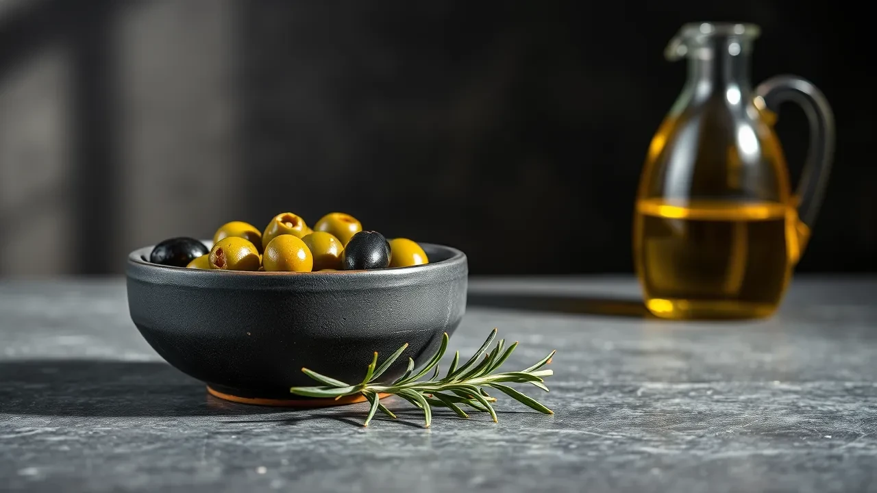Bol en grès sombre rempli d'olives vertes et noires, brin de romarin devant, carafe d'huile d'olive en arrière-plan sur un plan de pierre grise
