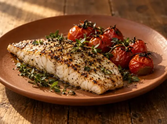 Assiette en céramique terracotta contenant un filet de poisson grillé, des tomates cerises rôties et du thym, posée sur une table en bois chaud