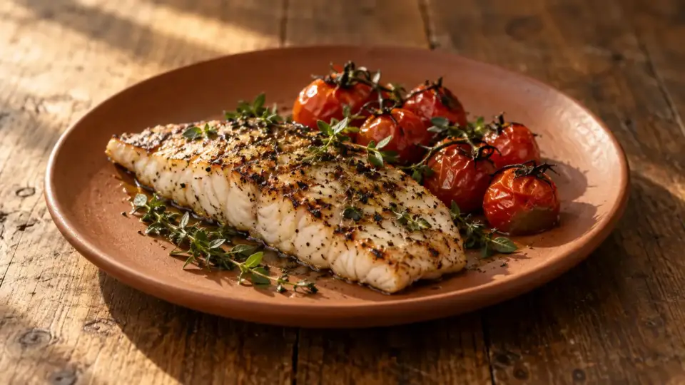 Assiette en céramique terracotta contenant un filet de poisson grillé, des tomates cerises rôties et du thym, posée sur une table en bois chaud