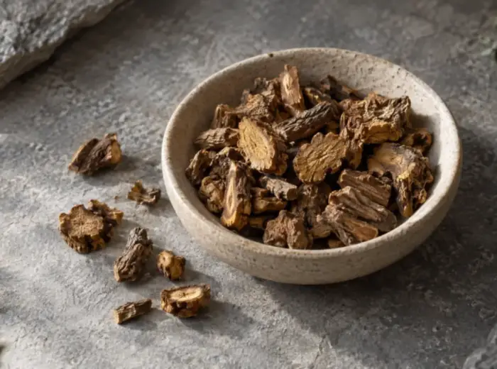 Des morceaux de racine de Rhodiola séchée dans une coupe en céramique sable posée sur une dalle de pierre grise