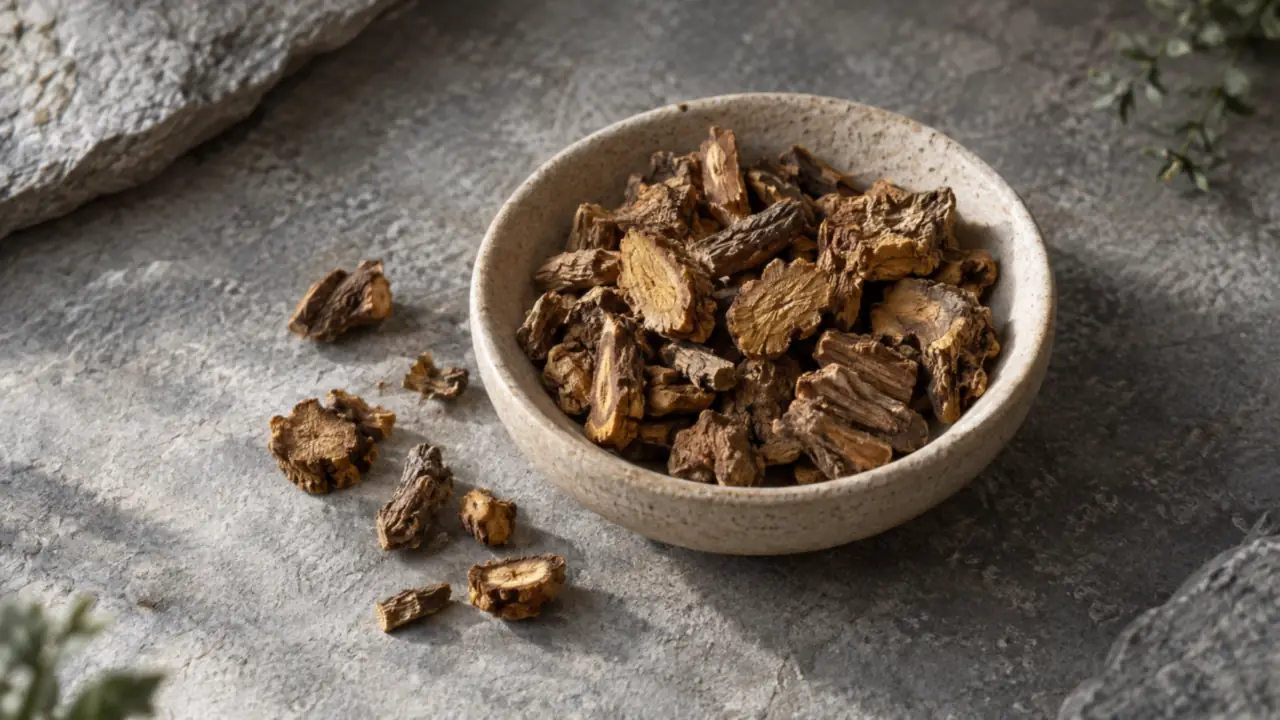 Des morceaux de racine de Rhodiola séchée dans une coupe en céramique sable posée sur une dalle de pierre grise