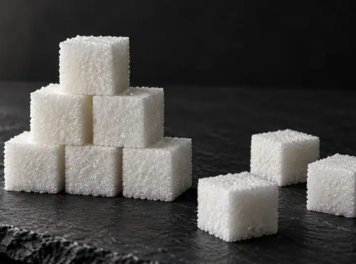 Morceaux de sucre blanc cubiques empilés en pyramide sur une ardoise noire mate
