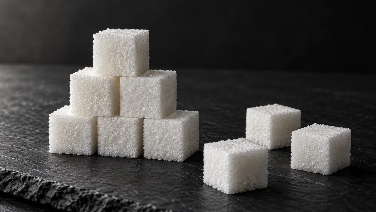 Morceaux de sucre blanc cubiques empilés en pyramide sur une ardoise noire mate