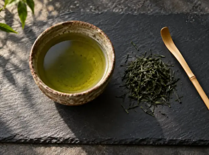 Un bol à thé en grès contenant du thé vert infusé, des feuilles de thé séchées et une cuillère en bambou sur une plaque d'ardoise