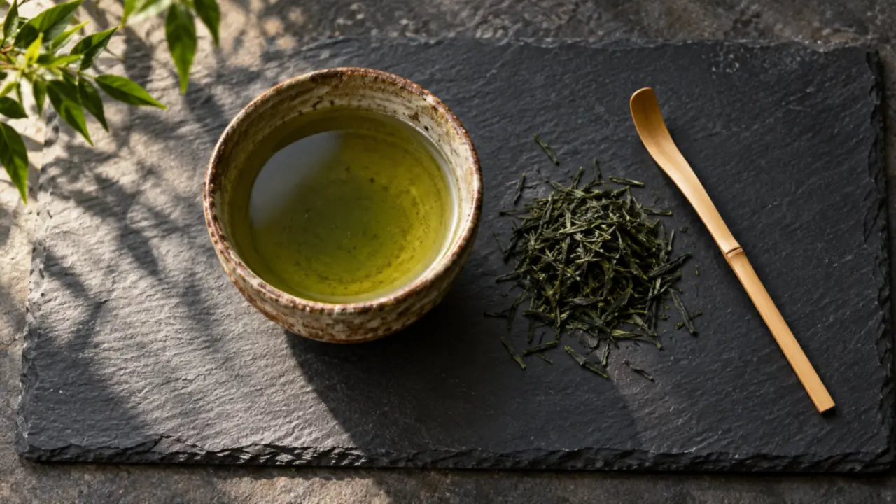 Un bol à thé en grès contenant du thé vert infusé, des feuilles de thé séchées et une cuillère en bambou sur une plaque d'ardoise