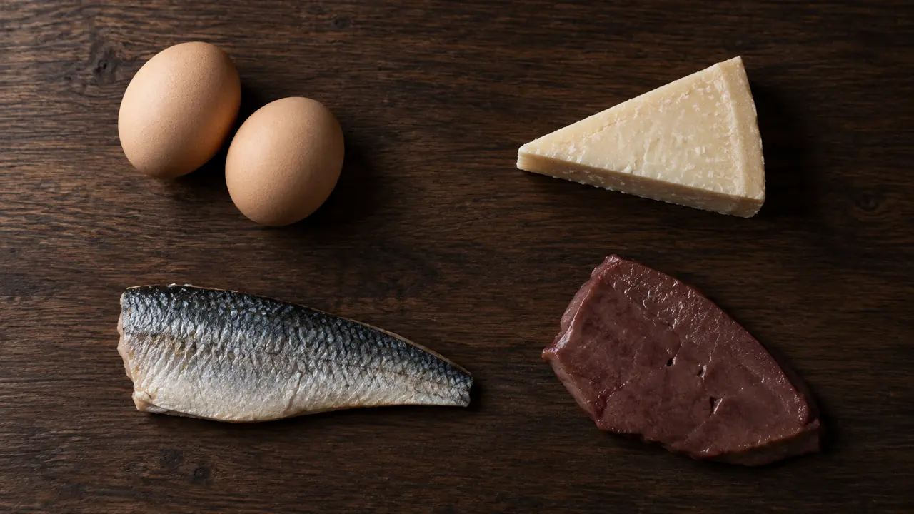 Deux œufs bruns, un morceau de fromage à pâte dure, un filet de poisson argenté et une tranche de foie, espacés sur une planche en bois foncé