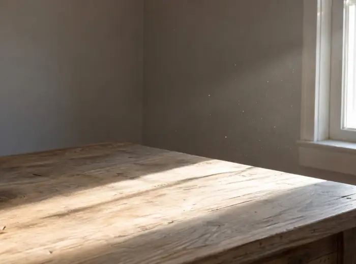 Rai de lumière du soleil entrant par une fenêtre et tombant sur une table en bois usé, particules de poussière visibles dans le faisceau