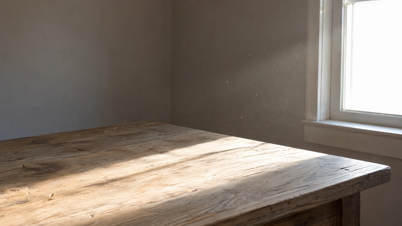 Rai de lumière du soleil entrant par une fenêtre et tombant sur une table en bois usé, particules de poussière visibles dans le faisceau