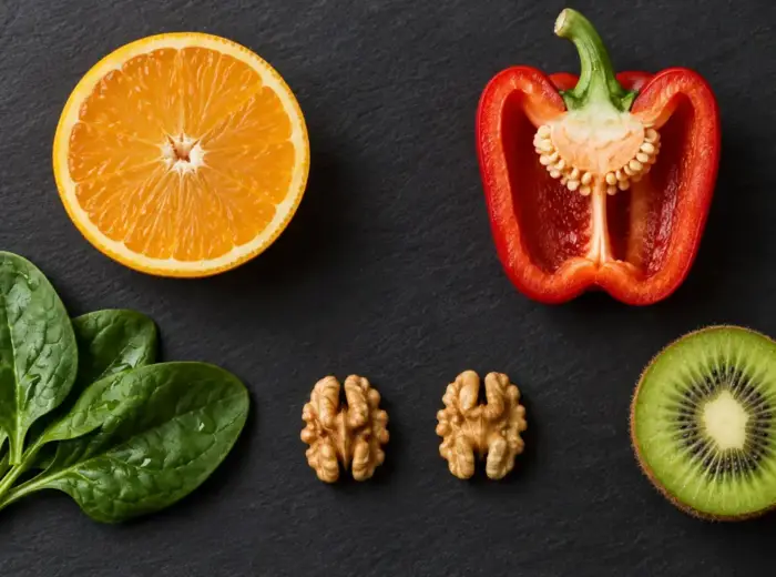Assortiment d'aliments riches en vitamines espacés sur une ardoise noire : demi-orange, demi-poivron rouge, feuilles d'épinard, noix décortiquées