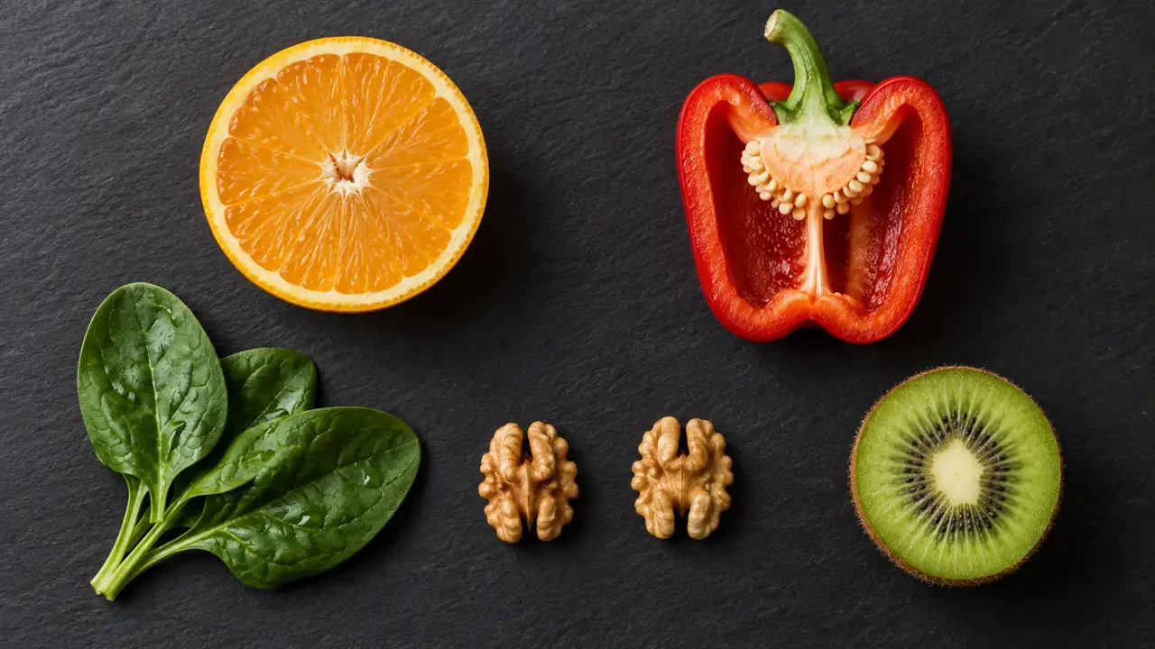 Assortiment d'aliments riches en vitamines espacés sur une ardoise noire : demi-orange, demi-poivron rouge, feuilles d'épinard, noix décortiquées
