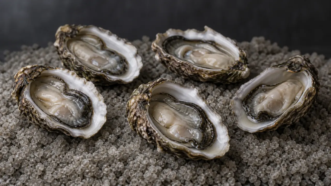 Cinq huîtres fraîches ouvertes dans leur coquille, posées sur un lit de gros sel gris, sur fond sombre